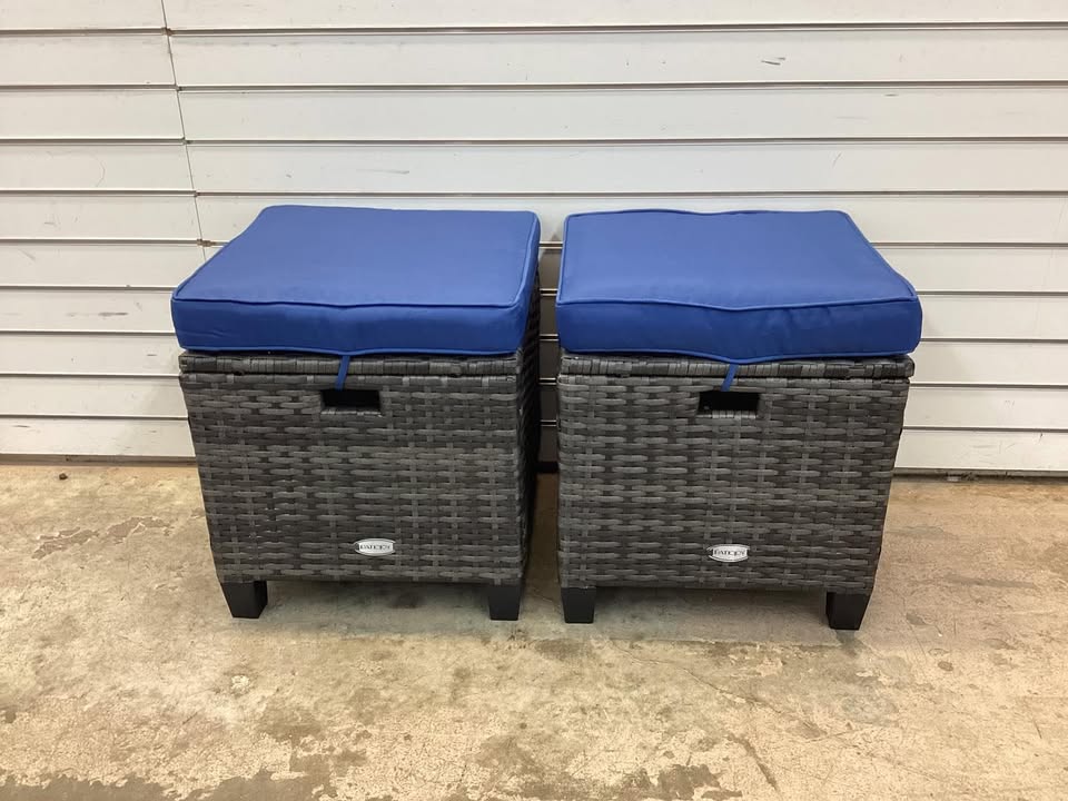 Patio Wicker Rattan Outdoor Ottoman with Removable Beige Cushions (2-Pack)