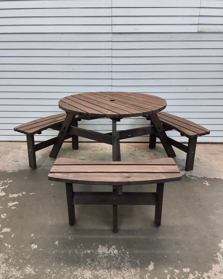 6-Person Circular Wooden Picnic Table w/ Umbrella Hole, 3 Benches