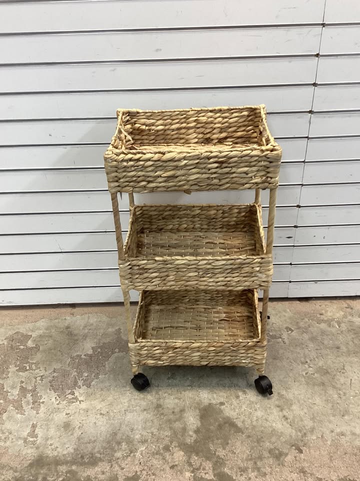 3-Tier Water Hyacinth Rolling Utility Cart w/ Weaved Baskets