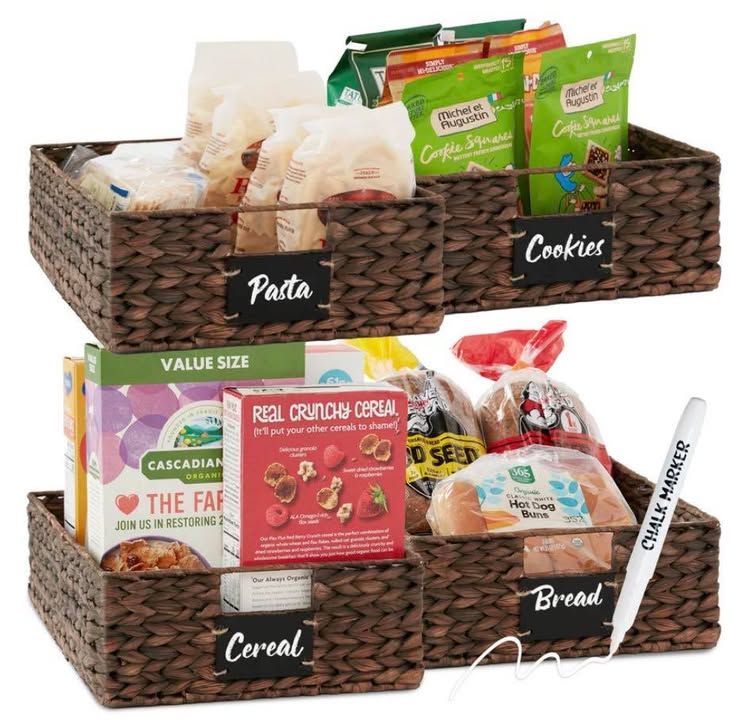 Set of 4 Water Hyacinth Pantry Baskets w/ Chalkboard, Chalk Marker