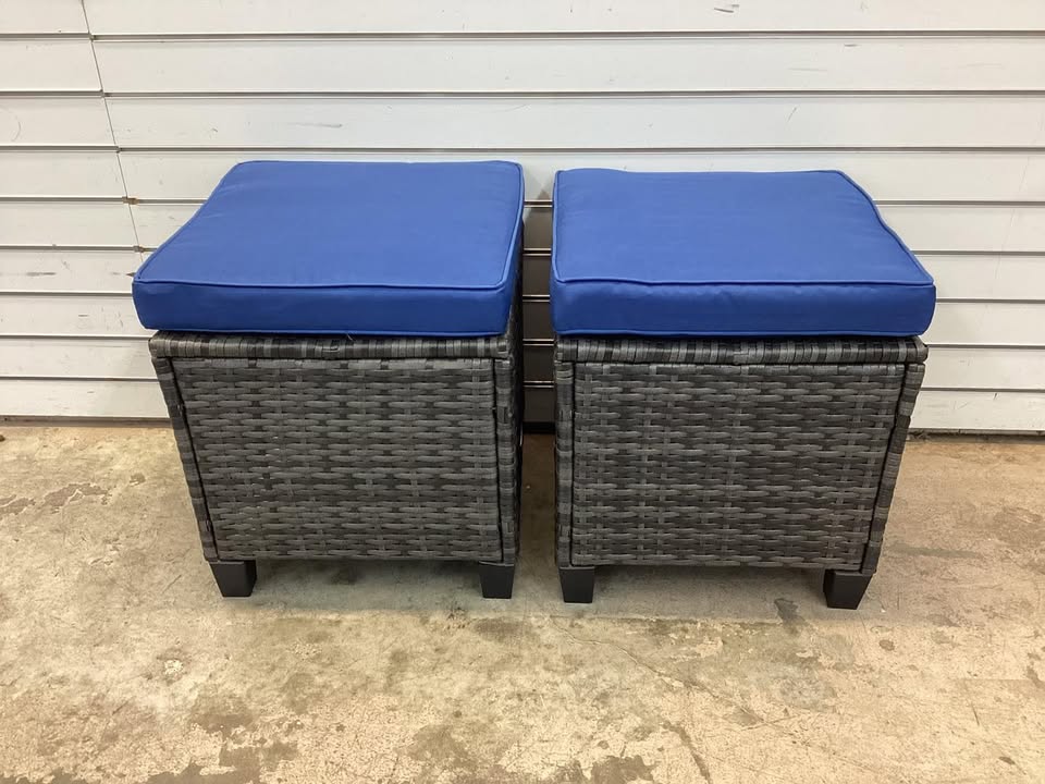 Patio Wicker Rattan Outdoor Ottoman with Removable Beige Cushions (2-Pack)