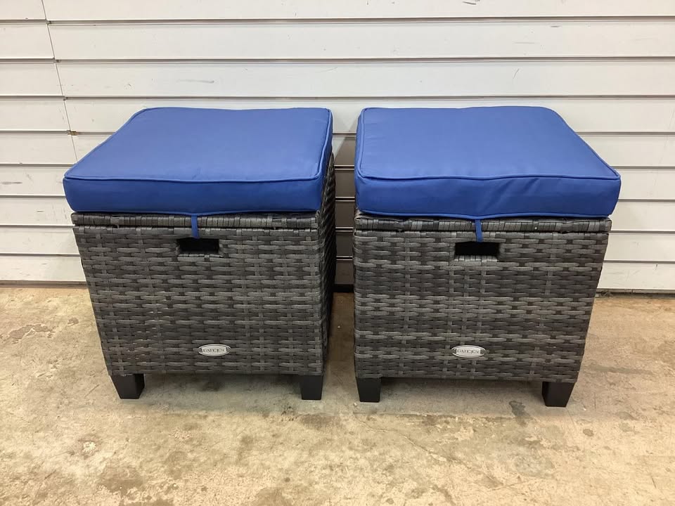 Patio Wicker Rattan Outdoor Ottoman with Removable Beige Cushions (2-Pack)