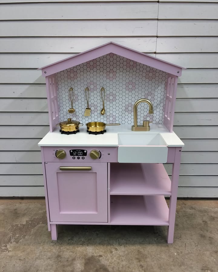 Pretend Play Wooden Farmhouse Kitchen Set w/ Storage, 5 Accessories
