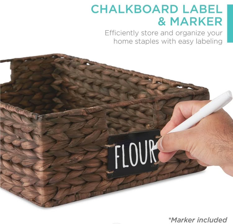 Set of 4 Water Hyacinth Pantry Baskets w/ Chalkboard, Chalk Marker