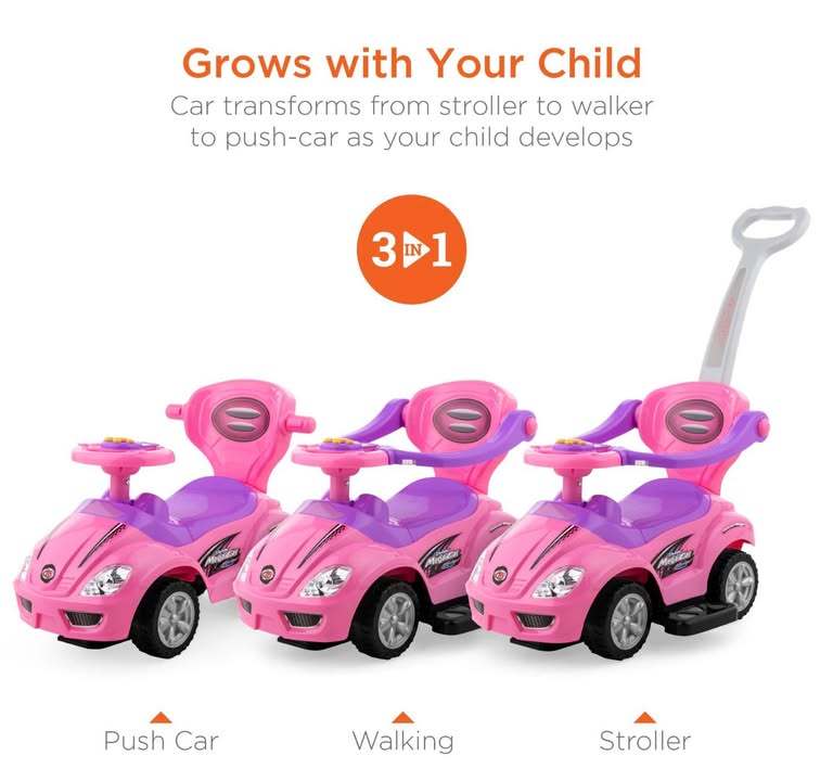 3-in-1 Kids Push Car w/ Handle and Horn