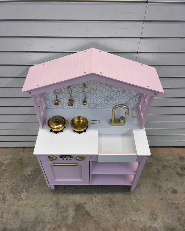 Pretend Play Wooden Farmhouse Kitchen Set w/ Storage, 5 Accessories