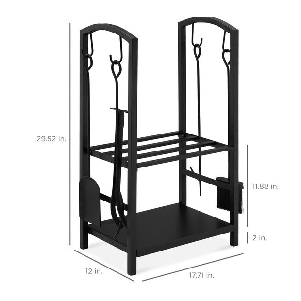 Best Choice Products 5-Piece Firewood Log Rack Holder Tools Set for Fireplace w/ Hook Broom Shovel Tongs - Black