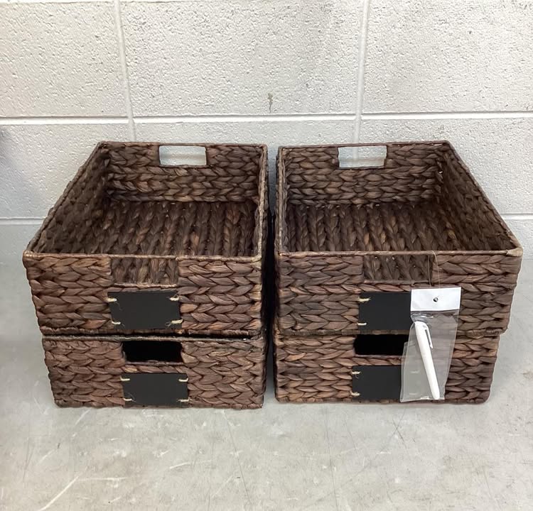 Set of 4 Water Hyacinth Pantry Baskets w/ Chalkboard, Chalk Marker