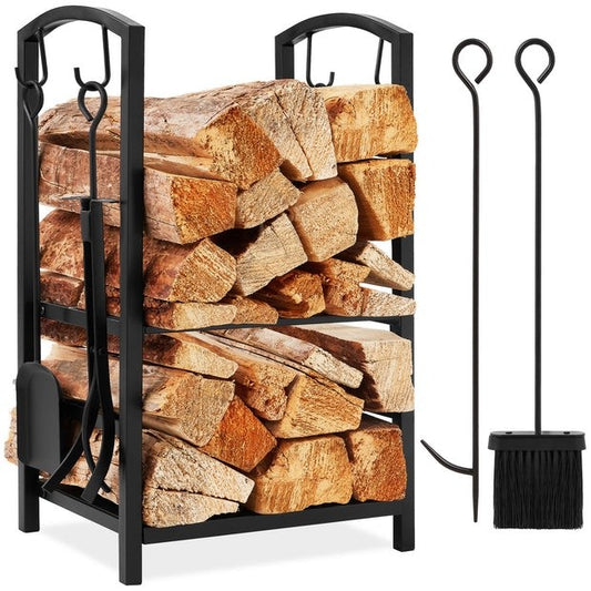 Best Choice Products 5-Piece Firewood Log Rack Holder Tools Set for Fireplace w/ Hook Broom Shovel Tongs - Black