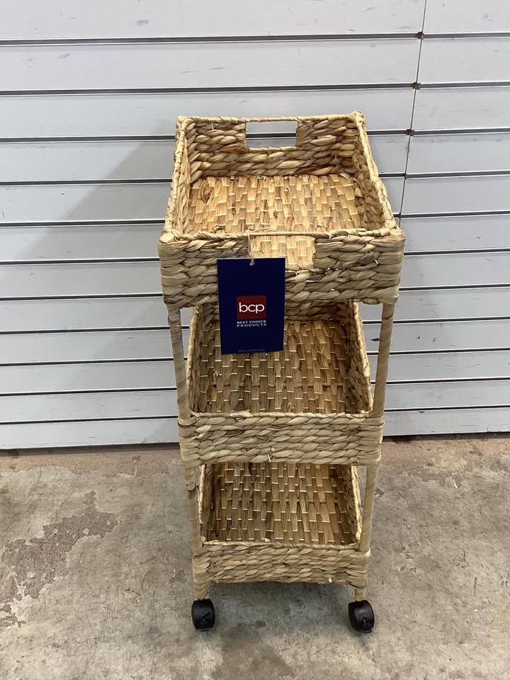 3-Tier Water Hyacinth Rolling Utility Cart w/ Weaved Baskets