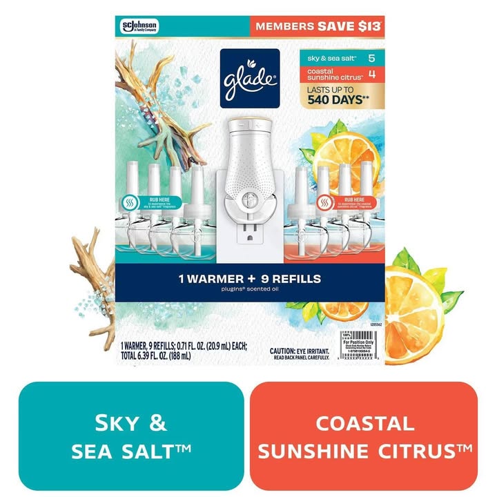 Glade PlugIns Scented Oil, Sky & Sea Salt with Coastal Sunshine Citrus, 1 Warmer + 9 Refills