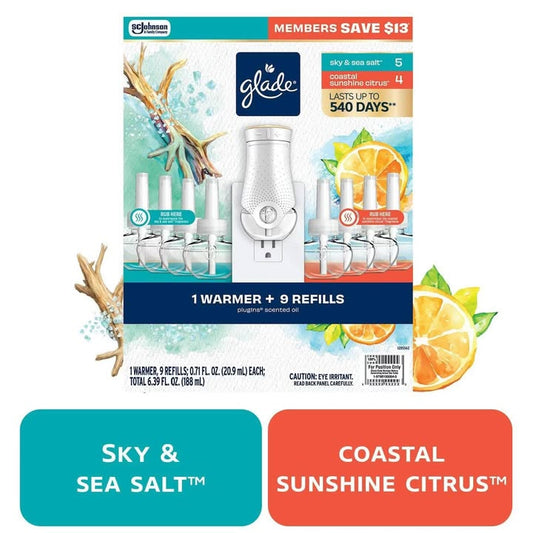 Glade PlugIns Scented Oil, Sky & Sea Salt with Coastal Sunshine Citrus, 1 Warmer + 9 Refills