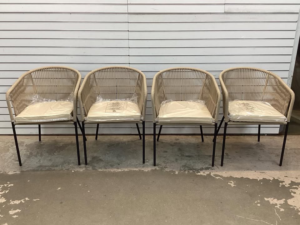 Phi Villa Woven Rope Metal Outdoor Patio Dining Chair with Beige Cushions (4-Pack)