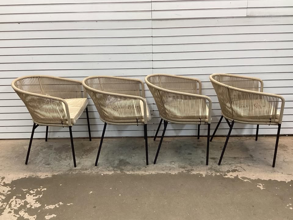 Phi Villa Woven Rope Metal Outdoor Patio Dining Chair with Beige Cushions (4-Pack)