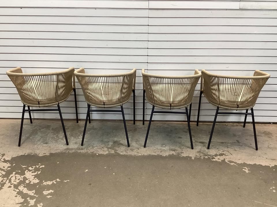 Phi Villa Woven Rope Metal Outdoor Patio Dining Chair with Beige Cushions (4-Pack)
