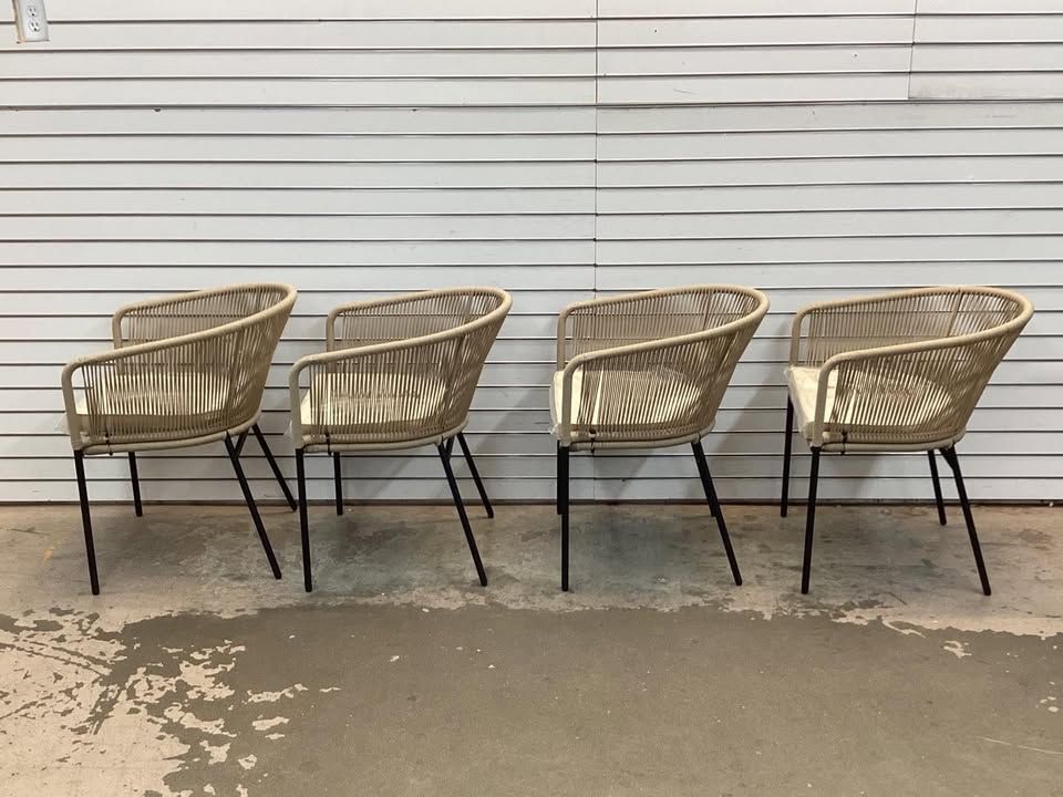 Phi Villa Woven Rope Metal Outdoor Patio Dining Chair with Beige Cushions (4-Pack)