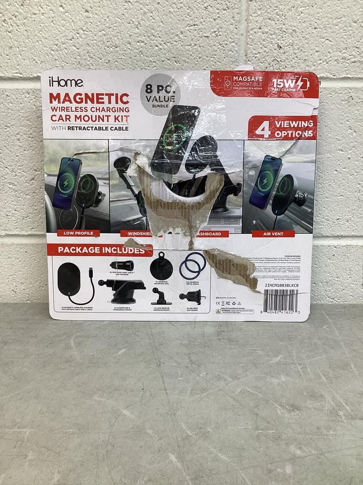 iHome 15W Magnetic Wireless Charging Car Mount 8pc Kit with Retractable Cable