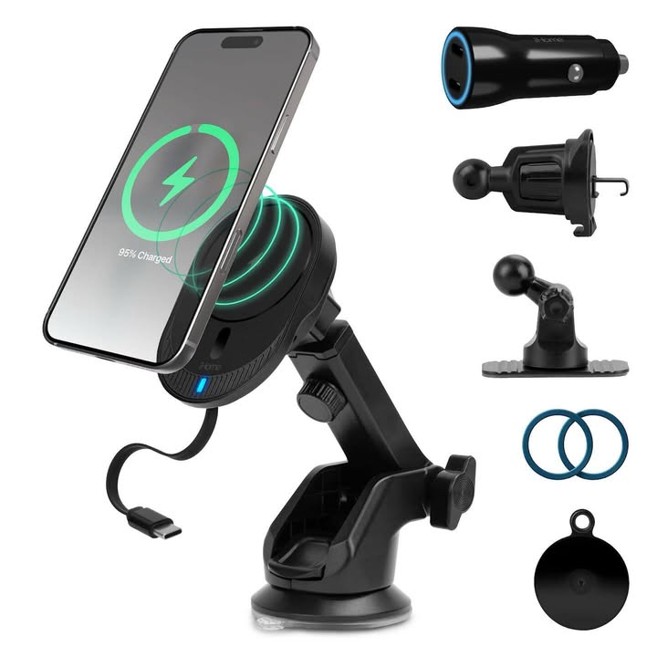 iHome 15W Magnetic Wireless Charging Car Mount 8pc Kit with Retractable Cable
