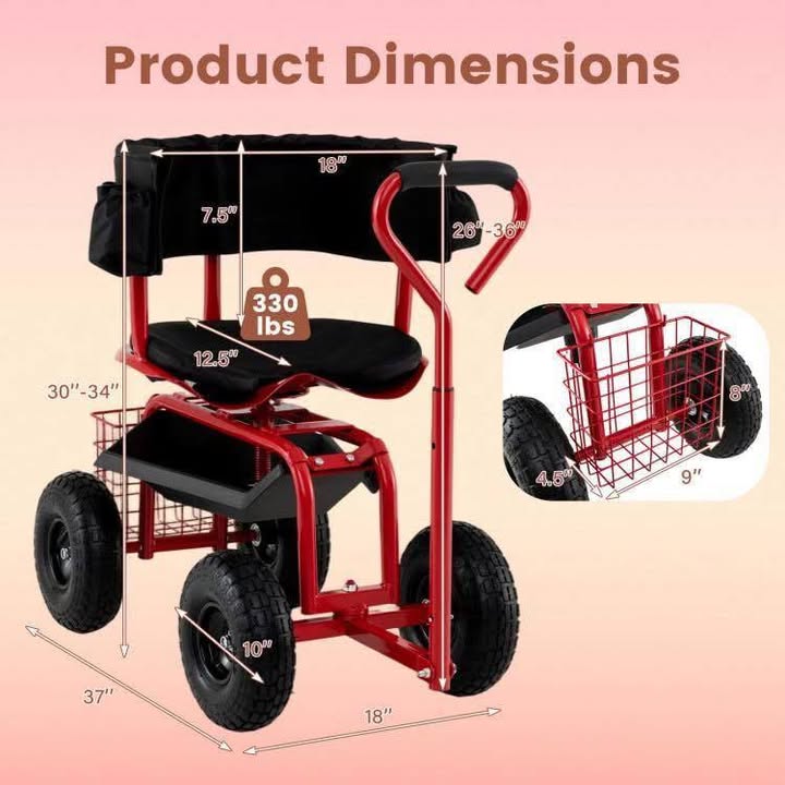 Costway Cushioned Rolling Garden Cart Scooter with Storage Basket and Tool Pouch