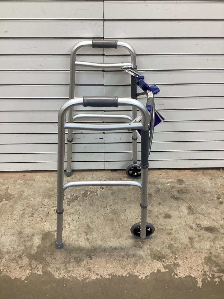 Foldable Lightweight Two-Button Walker with 5" Wheels & Ski Glides