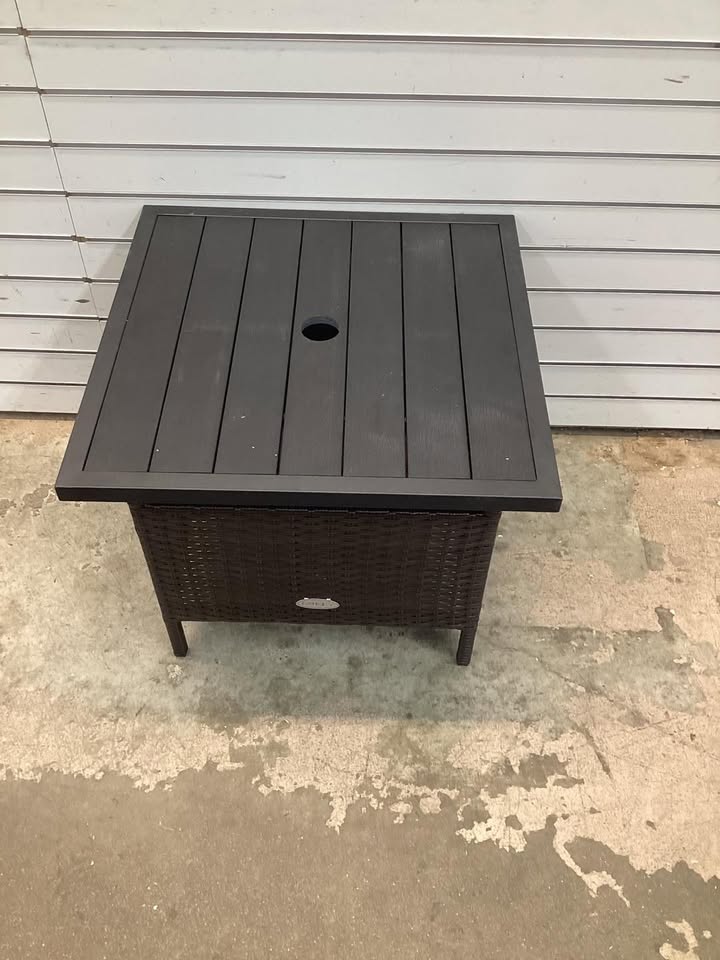 Patio Square Wicker Side Table with Umbrella Hole for Yard Garden Poolside