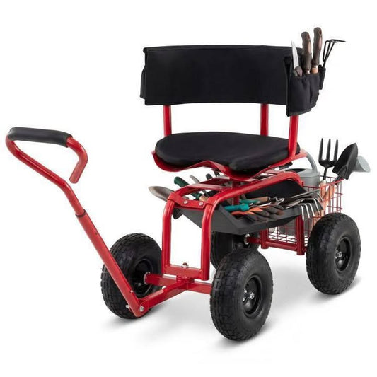 Costway Cushioned Rolling Garden Cart Scooter with Storage Basket and Tool Pouch