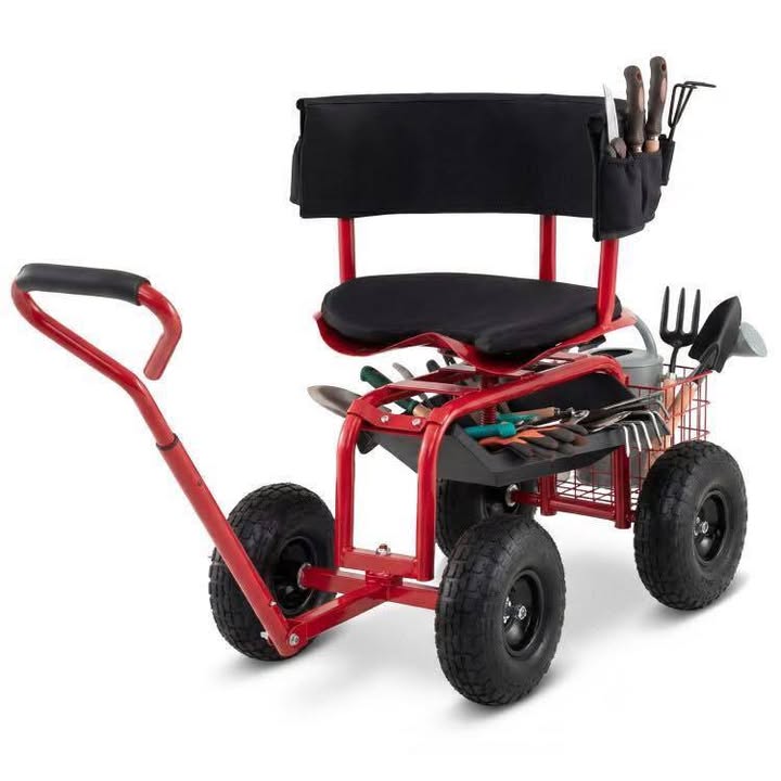 Costway Cushioned Rolling Garden Cart Scooter with Storage Basket and Tool Pouch