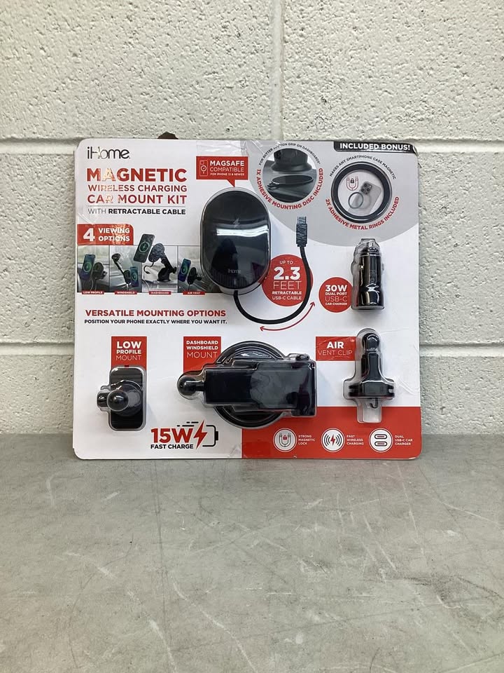 iHome 15W Magnetic Wireless Charging Car Mount 8pc Kit with Retractable Cable
