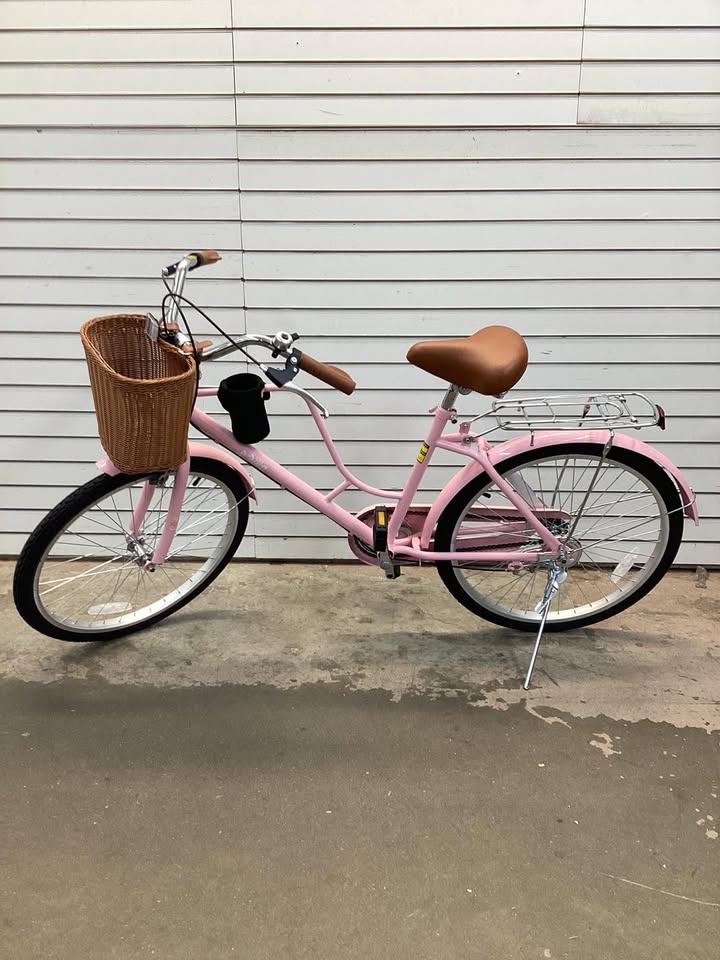 24 Inch Beach Cruiser Bike for Women with Woven Basket and Rear Rack - Pink