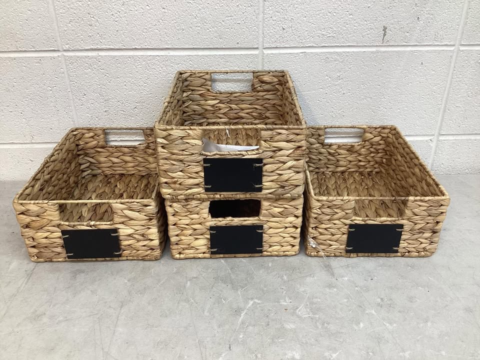 Set of 4 Water Hyacinth Pantry Baskets w/ Chalkboard, Marker - 12in