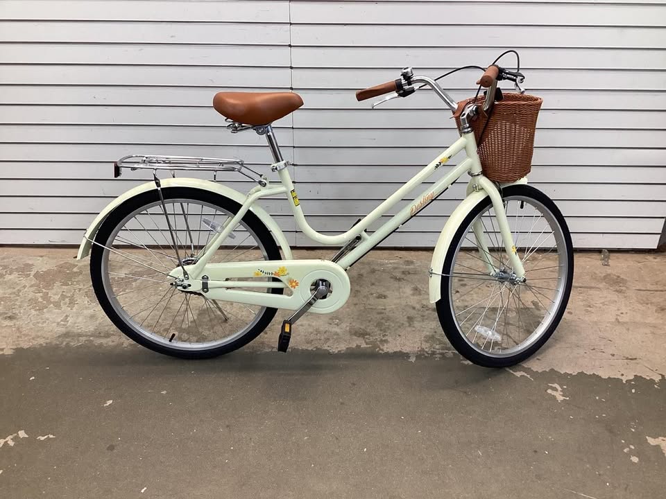 24 Inch Beach Cruiser Bike for Women with Woven Basket and Rear Rack - Beige
