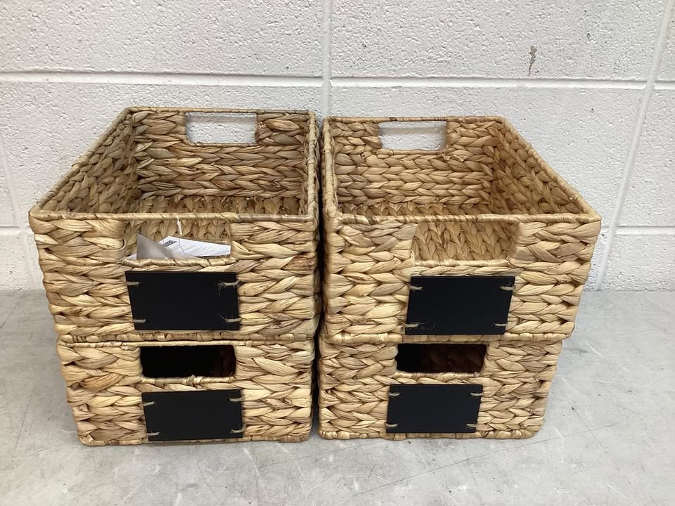 Set of 4 Water Hyacinth Pantry Baskets w/ Chalkboard, Marker - 12in