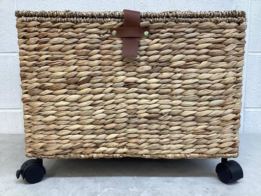 Mobile Water Hyacinth Rolling Filing Cabinet Storage Basket w/ Lid, Wheels