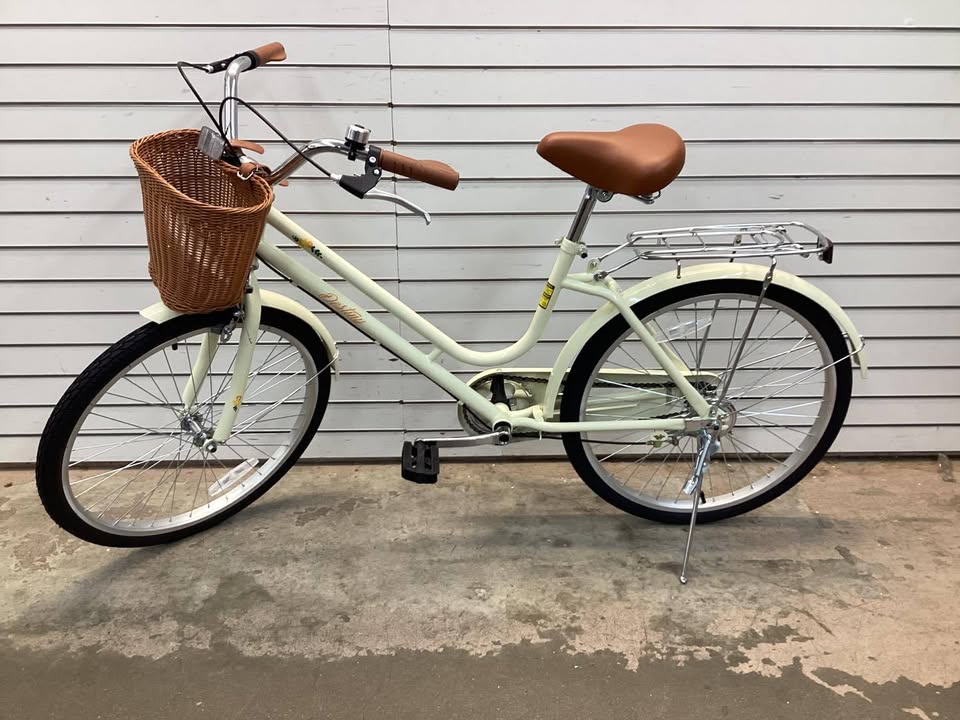24 Inch Beach Cruiser Bike for Women with Woven Basket and Rear Rack - Beige