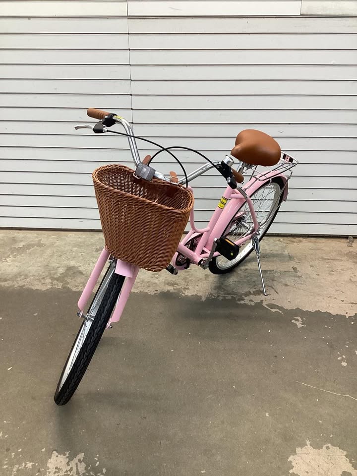 24 Inch Beach Cruiser Bike for Women with Woven Basket and Rear Rack - Pink