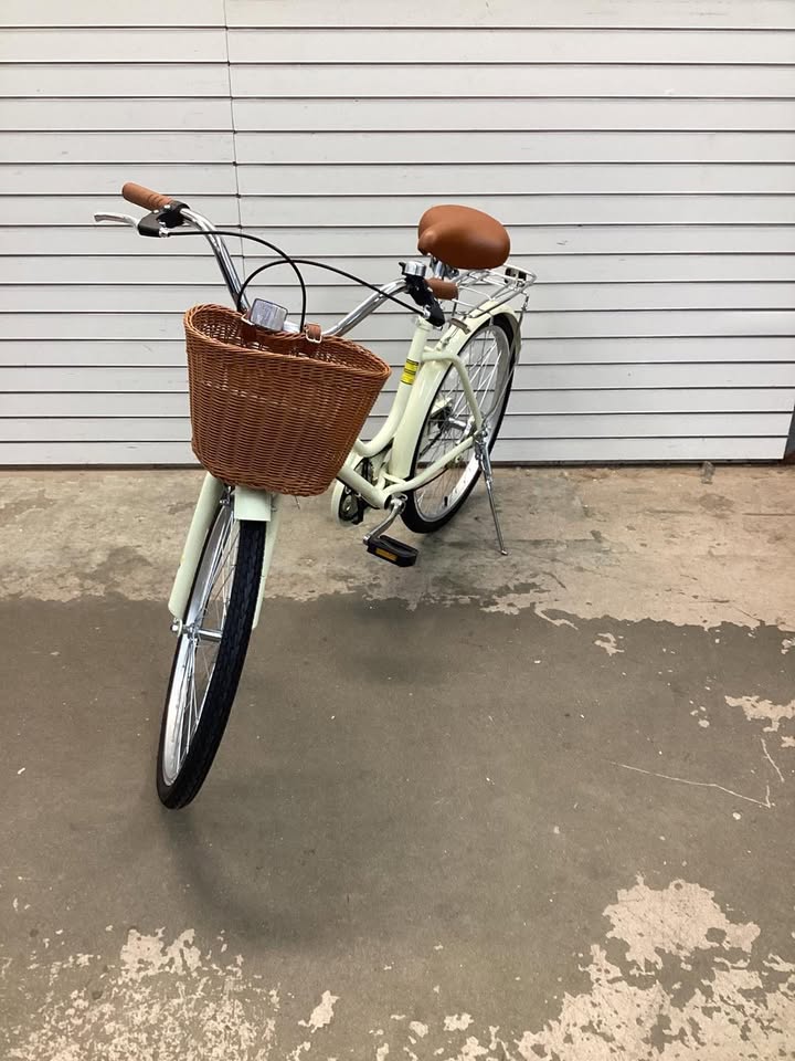 24 Inch Beach Cruiser Bike for Women with Woven Basket and Rear Rack - Beige