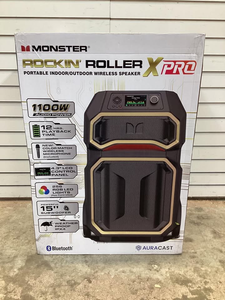 Monster Rock'n Roller X Pro 1100 W Bluetooth Speaker with 12 hours of battery life and IPX4 weather-resistant