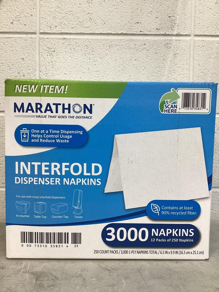 Marathon Interfold 1-Ply White Dispenser Napkins, 12 pk., 250 napkins/pk.