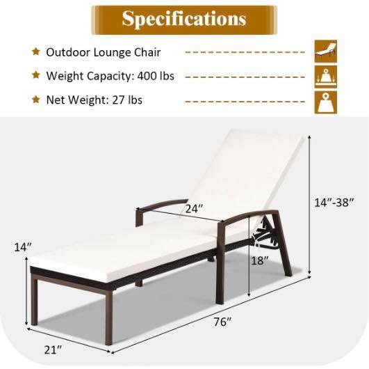 Costway 2PCS Patio Rattan Lounge Chair Chaise Recliner Back Adjustable Cushioned