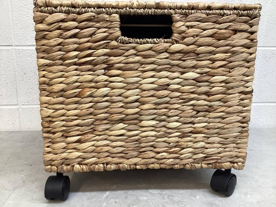 Mobile Water Hyacinth Rolling Filing Cabinet Storage Basket w/ Lid, Wheels