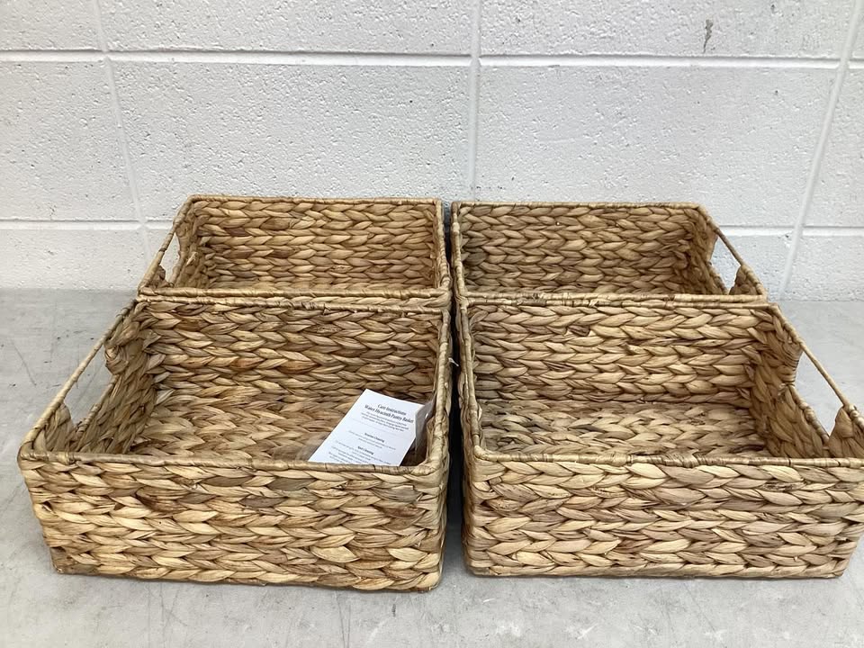 Set of 4 Water Hyacinth Pantry Baskets w/ Chalkboard, Marker - 12in