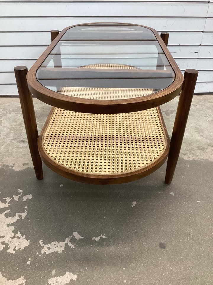 Band New Costway 2-Tier Coffee Table Tempered Glass Top with PE Rattan Shelf & Acacia Wood Frame Brown