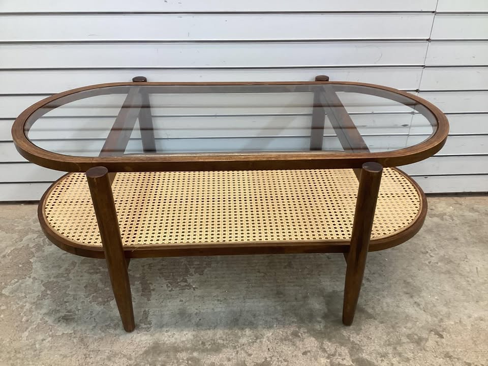 Band New Costway 2-Tier Coffee Table Tempered Glass Top with PE Rattan Shelf & Acacia Wood Frame Brown