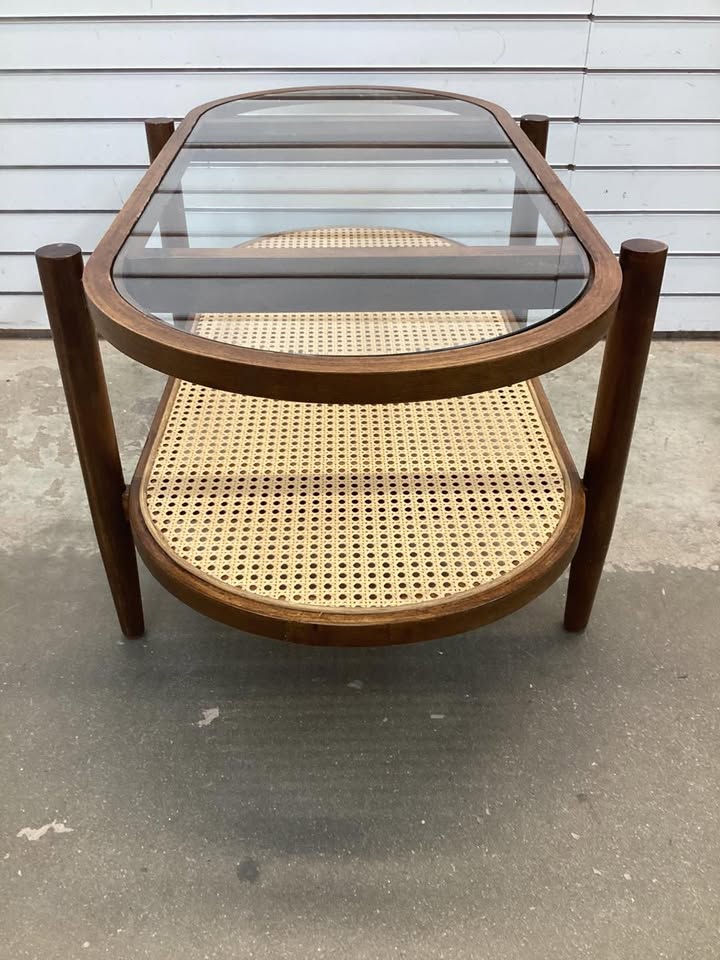 Band New Costway 2-Tier Coffee Table Tempered Glass Top with PE Rattan Shelf & Acacia Wood Frame Brown