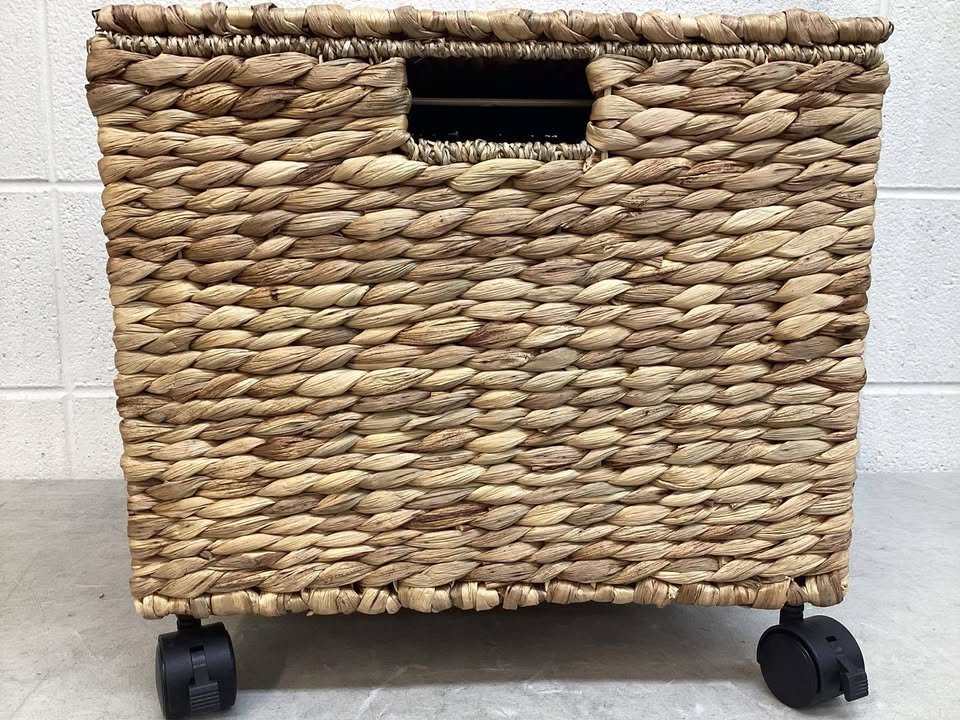 Mobile Water Hyacinth Rolling Filing Cabinet Storage Basket w/ Lid, Wheels