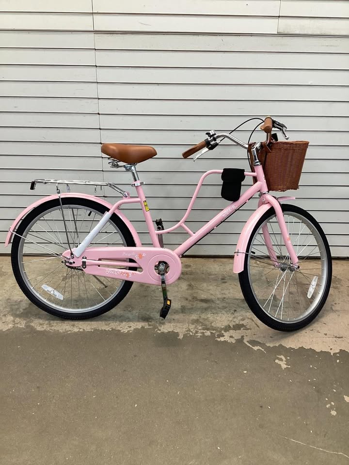 24 Inch Beach Cruiser Bike for Women with Woven Basket and Rear Rack - Pink