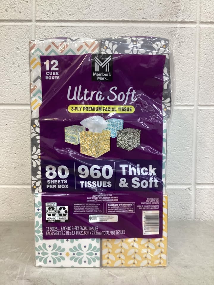 Member's Mark Ultra Soft 3-Ply Facial Tissues, 12 Cube Boxes, 80 tissues/box