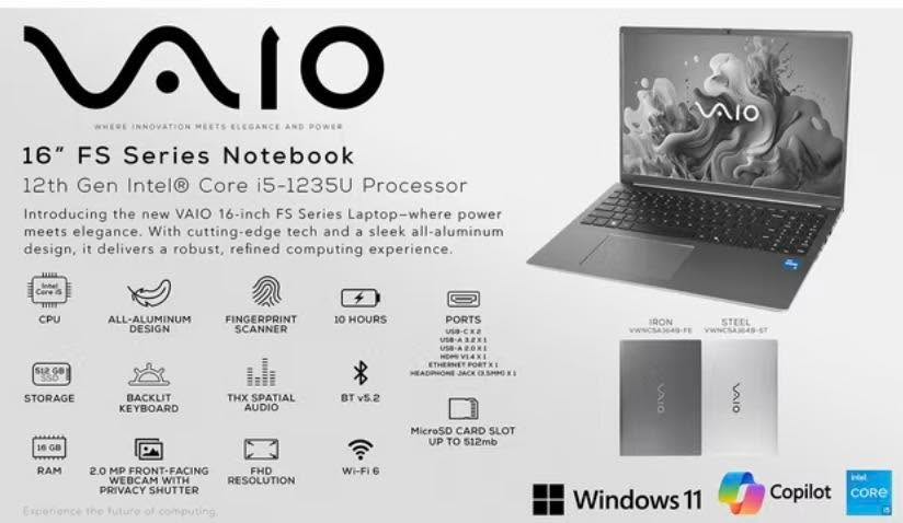 Vaio 16" FHD IPS Windows 11 Laptop | Intel Core i5 | 16GB RAM | 512 GB SSD