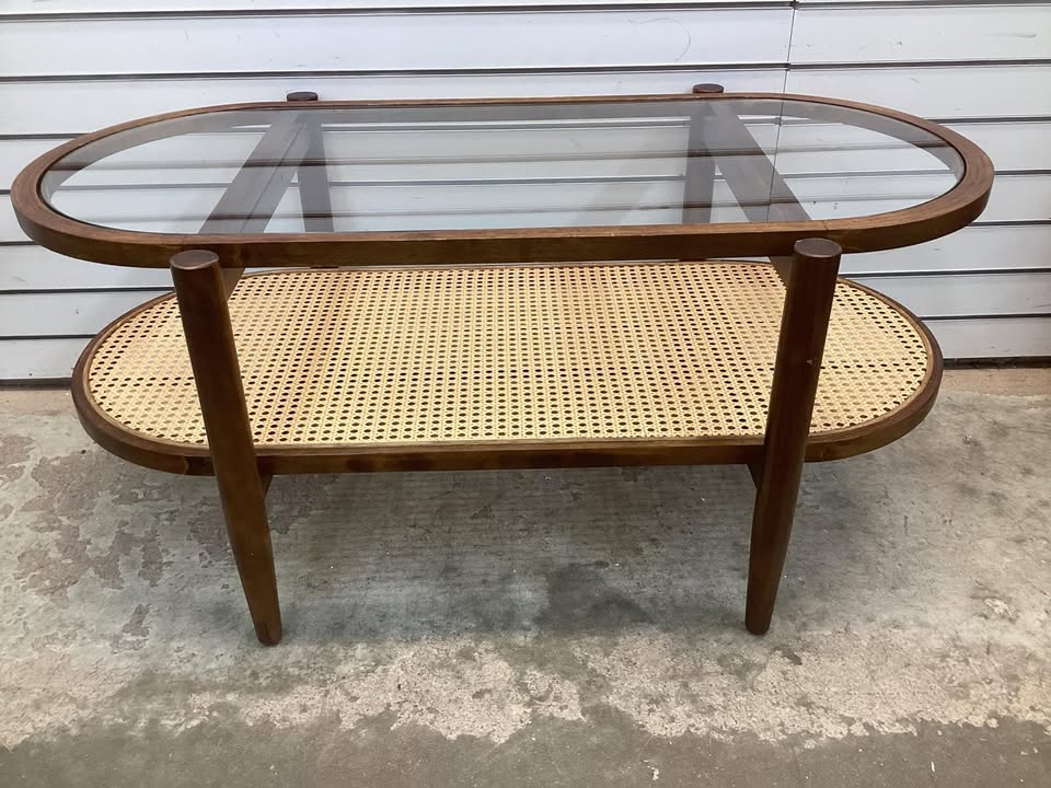 Band New Costway 2-Tier Coffee Table Tempered Glass Top with PE Rattan Shelf & Acacia Wood Frame Brown