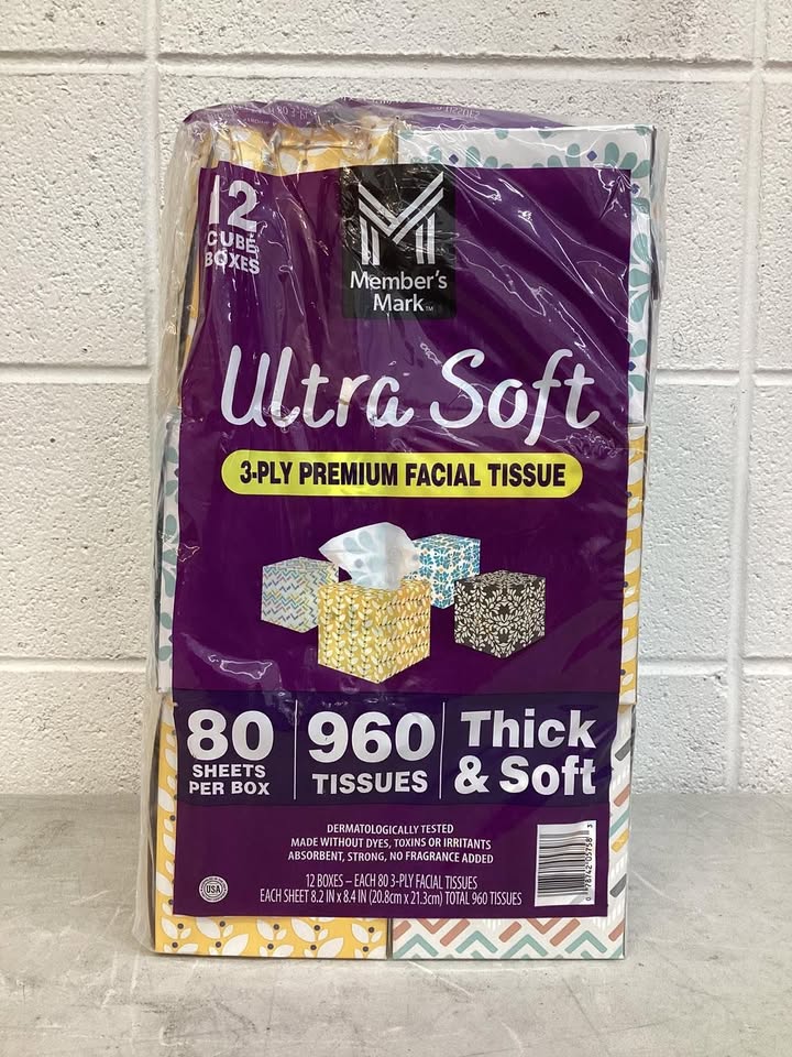 Member's Mark Ultra Soft 3-Ply Facial Tissues, 12 Cube Boxes, 80 tissues/box